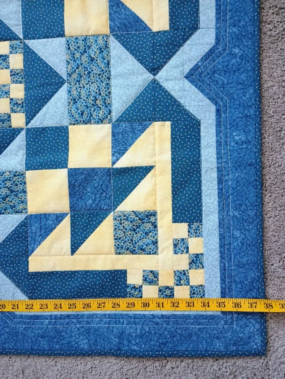EEUC HANDMADE QUILT WALLHANGING or BABY BLANKET BLUE YELLOW COTTON FABRICS